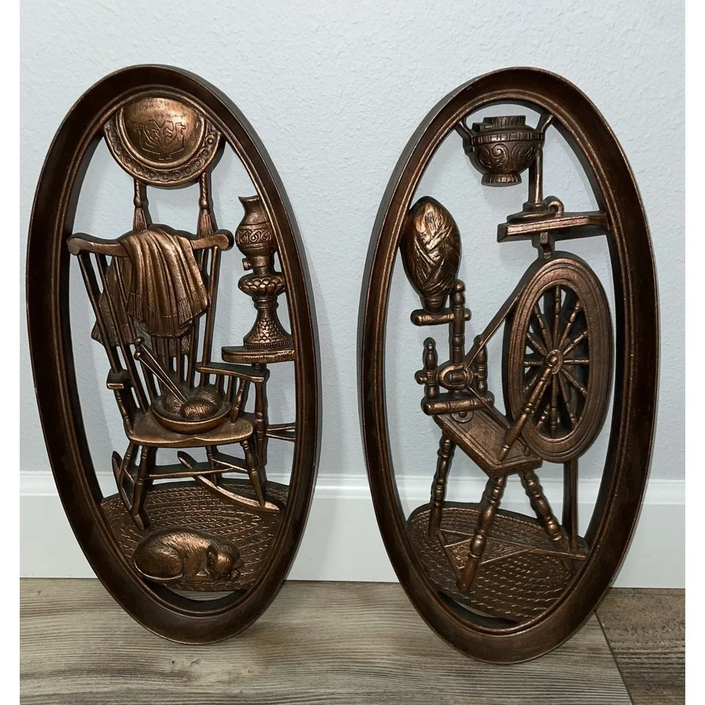 Vtg 1965 Burwood Wall Plaques 4364 & 4365 Oval‎ Spinning Wheel Rocking Chair Cat